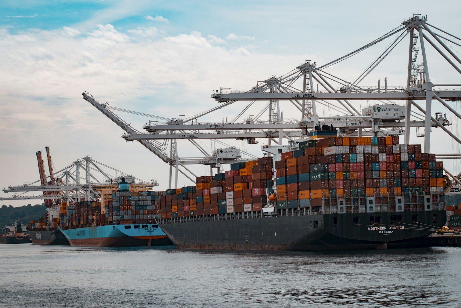 Commercial deepwater shipping port, cranes, and marine survey operations
