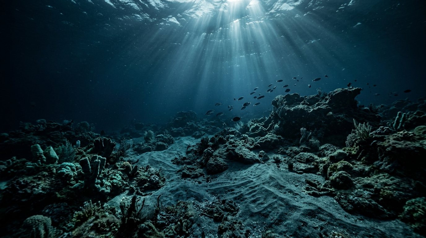 Deep ocean seabed, coral formations and sunbeams